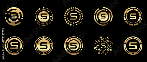 Luxury gold letter S K logo collection with modern circular and tech-inspired designs. 