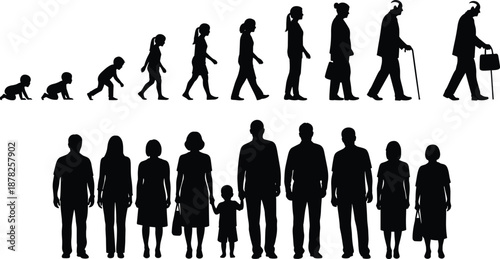Human Life Cycle Evolution Silhouette Set from Baby to Senior, Diverse People Group Standing Together, Aging Process and Community Concept,