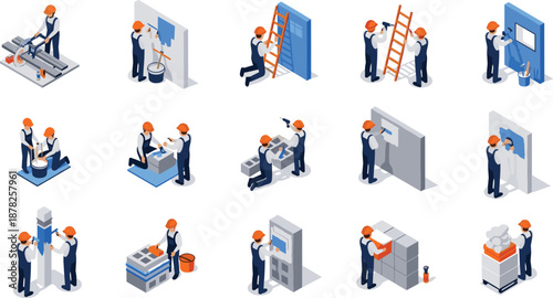 Isometric Construction Workers Set and Safety Helmet Gear Icons Representing Industrial Labor Maintenance Building Site Services Technical Engineering and Professional Workflows