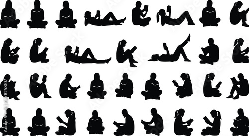 Large Collection of Black People Reading Silhouettes Featuring Students Children and Adults in Various Sitting and Lying Poses for Education Design