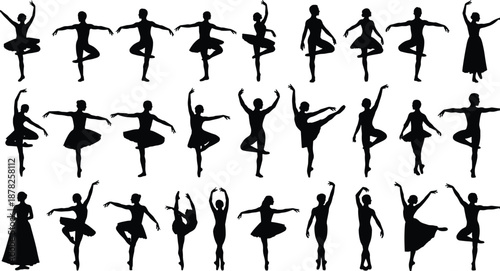Large Collection of Black Ballet Silhouettes Featuring Male and Female Dancers in Various Classical Poses and Artistic Graceful Dance Movements