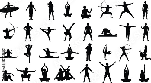 Large collection of black silhouettes showing people in various poses including yoga, archery, sport, and fitness on a white background.