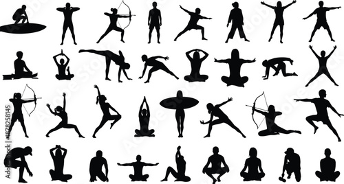 Large collection of black silhouettes showing people in various poses including yoga, archery, martial arts, fitness, and meditation on white background.