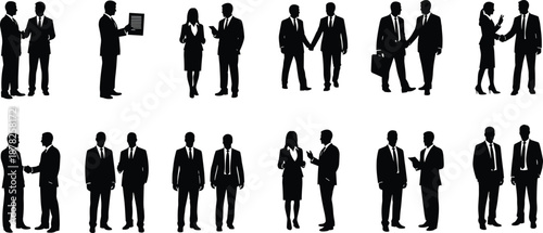 Large Collection Of Business People Silhouettes Featuring Professionals Shaking Hands Talking And Networking In Corporate Suits Isolated On White Background