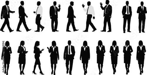Large collection of diverse business people silhouettes featuring men and women in professional poses, talking, networking and working in groups.