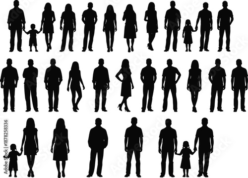 Large Group of Diverse People Silhouettes Standing in Rows Including Men Women and Children for Community Inclusion and Social Vector Design