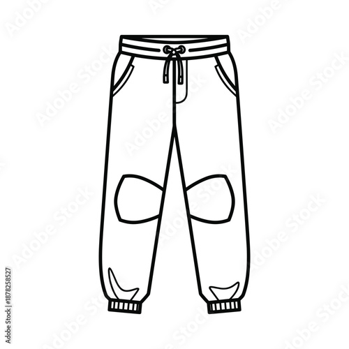 Black and white illustration of ripped sweatpants on white background