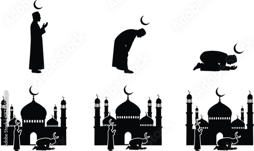 Muslim man performing the Salah (Namaz) prayer ritual in different stages, kneeling, bowing, and standing in silhouette against the Islamic mosque building and crescent moon symbols.