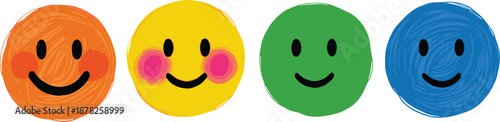 Row of four colorful hand drawn sketchy smiley faces vector illustration featuring happy emoticons for feedback rating and positivity concept on white background.