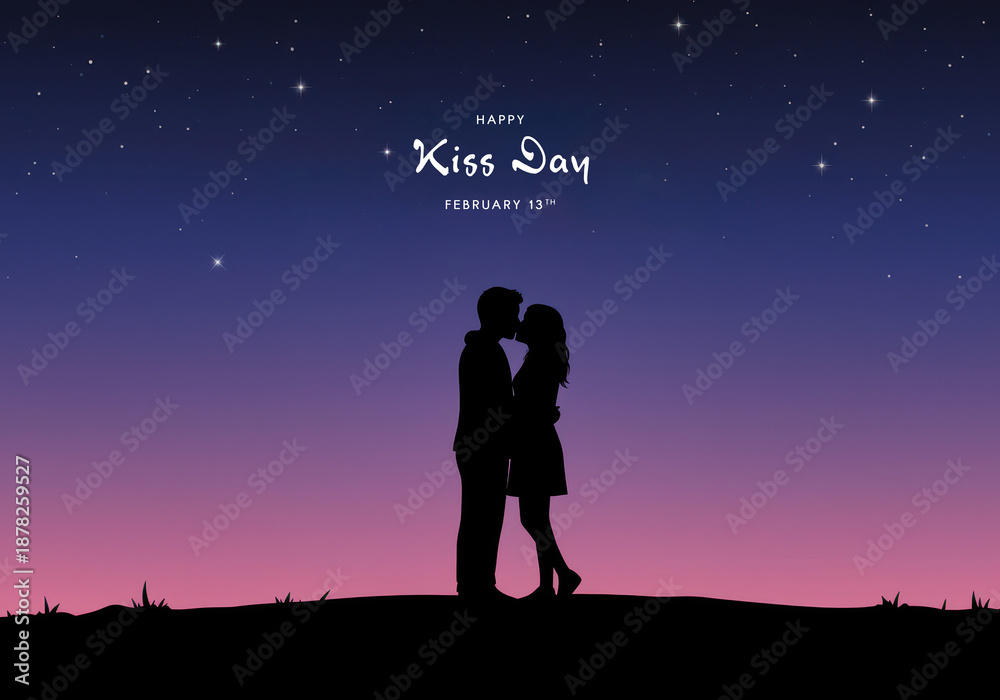 Fototapeta premium Silhouette Couple Kissing Under Starry Night Sky Happy Kiss Day Celebration love romance