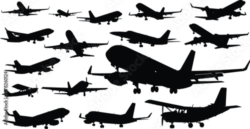 Airplane silhouette collection, flat vector aviation icons, black and white aircraft types, commercial jet, military plane, propeller aircraft design
