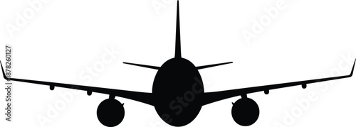Front view airplane silhouette, flat vector jet illustration, black and white aircraft design, commercial aviation icon, travel transport graphic