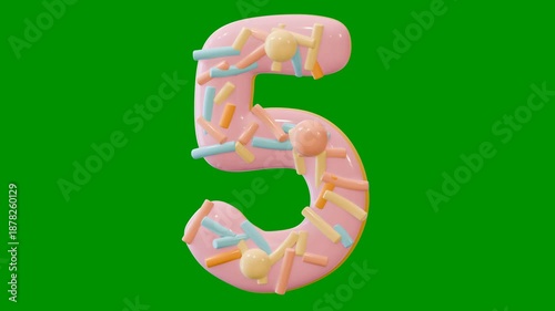 Countdown animation in 10 seconds on green screen. Countdown animation in doughnut theme. Suitable for children's learning. Green screen background.