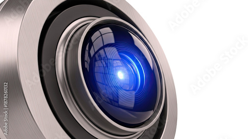 Close-up of a modern camera lens with a blue light emission