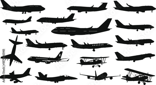 Airplane silhouette variety set, flat vector aircraft profile collection, black and white aviation icons, jet, biplane, military, commercial