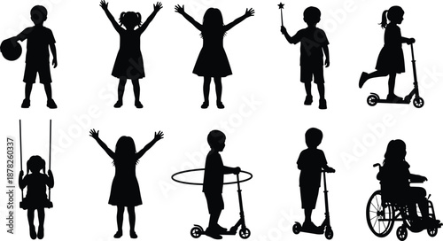 Children silhouettes playing set with boys and girls activities swing scooter wheelchair happy childhood black vector illustration collection