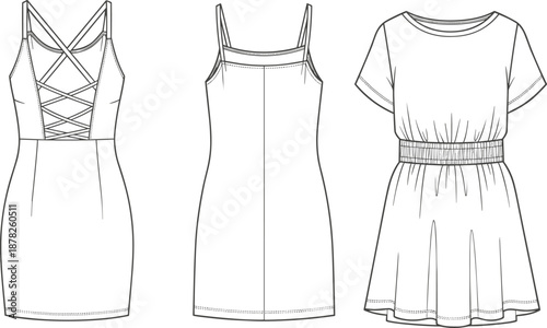 Women dress technical drawing set, front back views sleeveless lace up and casual outfit cad drawing flat vector fashion apparel