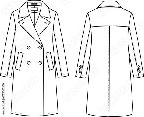 Women long coat technical drawing front and back views classic double breasted outerwear fashion apparel flat vector cad illustration