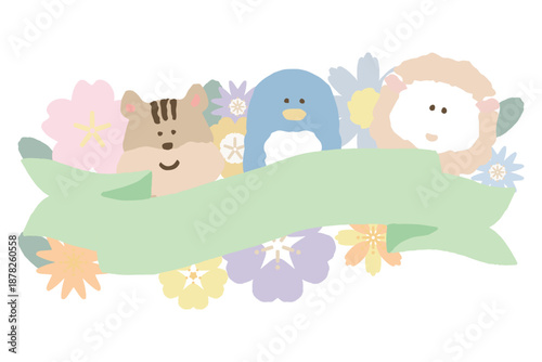 ふんわり春色 卒園・入園シリーズ｜文字入れしやすい 動物とお花のイラストカット / Animal & Flower Banner Illustration for Graduation