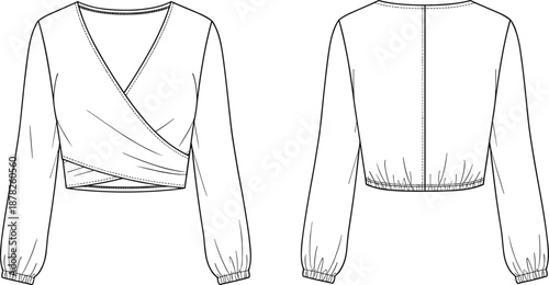 Women wrap crop top technical fashion sketch front and back view long sleeve blouse apparel illustration vector design line art