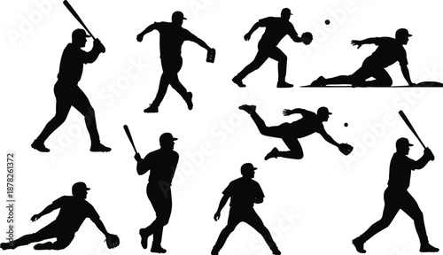 Black baseball player silhouettes set featuring male athletes batting pitching fielding and sliding in various professional sports poses on white background.