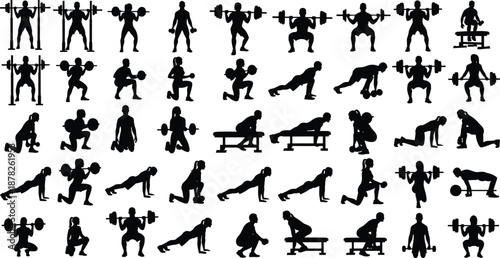 Black Gym Workout Silhouette Set with Weightlifting Barbell and Dumbbell Exercises Isolated on White for Fitness Training, Bodybuilding, Athlete Strength, and Powerlifting Concept