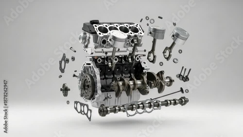 Exploded view of internal combustion engine, showing pistons, crankshaft, camshaft, and cylinders