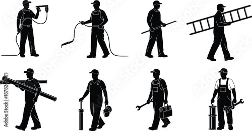 Construction worker silhouette set showing plumbers electricians builders carrying tools isolated on white background black vector illustration collection