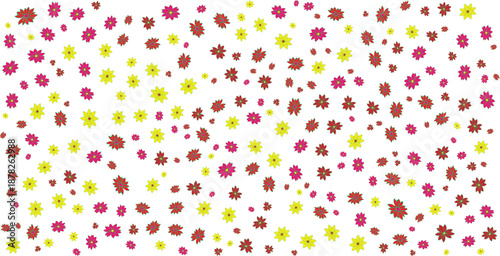 Cute Abstract Seamless Floral Pattern with Small Pink, Yellow, and Red Flowers and Petals