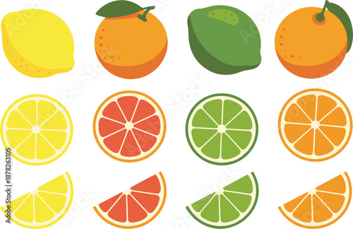 Set of citrus fruits including lemon orange lime and grapefruit with whole and sliced halves