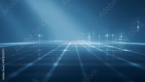 Blue digital grid background with glowing lines, reflective floor, and atmospheric light rays, perfect for technology and data concepts.