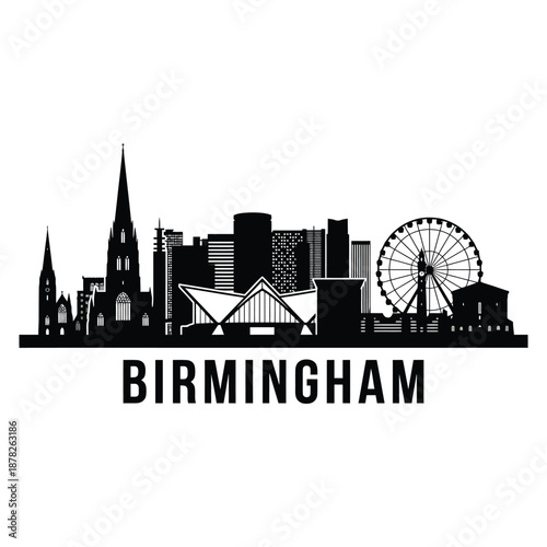 Birmingham city skyline with iconic landmarks and ferris wheel silhouette
