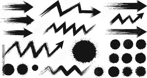 Hand Drawn Black Brushstroke Elements Pack Arrows Zigzag Lines Round Ink Blobs Rough Artistic Texture
