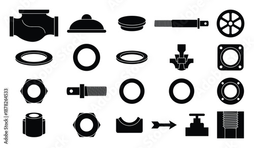 Collection of Black and White Mechanical Engineering Parts and Components