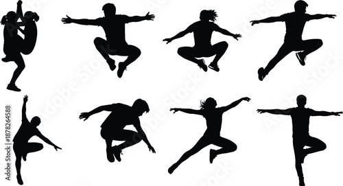 Black silhouette set of parkour athletes jumping and performing stunts isolated on white background for urban sports and active lifestyle.