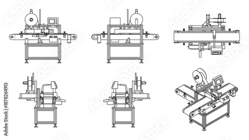 Technical blueprint of industrial conveyor machine for factory automation.