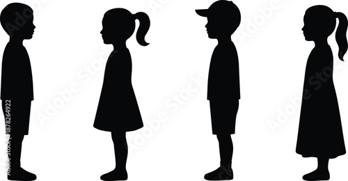 Black silhouettes of young boys and girls standing in a row and facing each other isolated on white background for childhood education design elements
