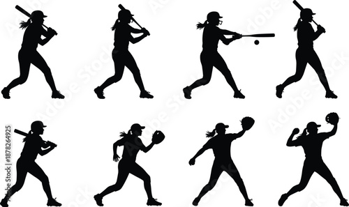 Black softball player silhouettes set featuring female athletes batting pitching fielding and catching in various professional sports poses on white background.