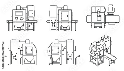 Technical Drawing: Industrial Abrasive Blasting Machine Illustrations Set