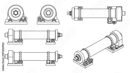 Technical Drawing: Industrial Roller System Component Assembly Diagrams