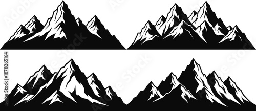 Black Vector Silhouette Set Featuring Various Majestic Mountain Ranges with Jagged Peaks and Snow Caps for Nature Travel Adventure and Outdoor Landscape Design