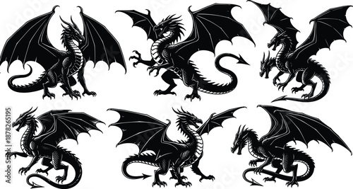 Black Vector Silhouette Set Featuring Various Mythical Dragons in Dynamic Flying and Standing Poses for Fantasy Design Fairy Tale Themes and Creative Illustrations