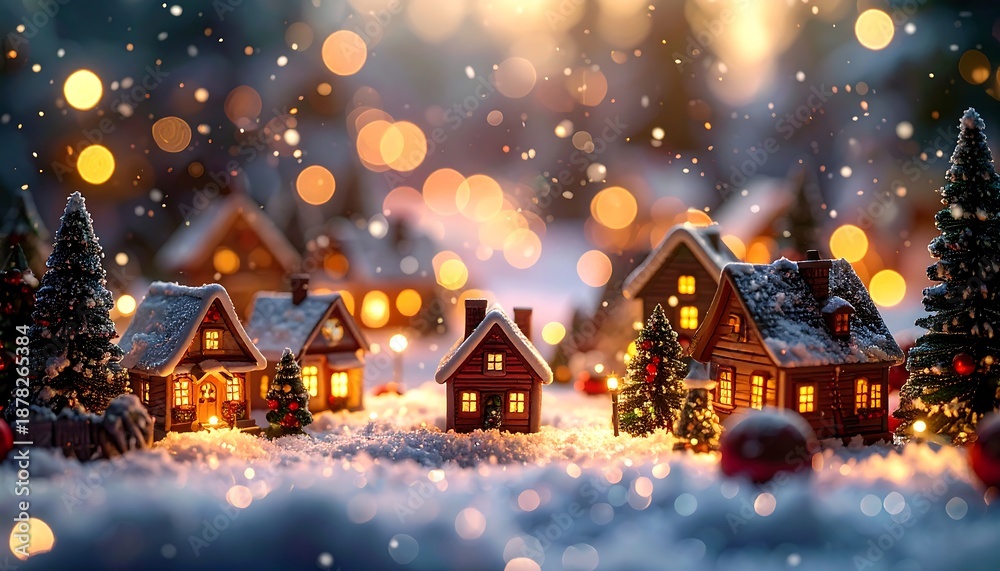 Fototapeta premium Miniature village dusted in snow, illuminated by warm lights, festive trees, and floating bokeh