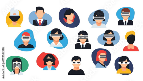 A collection of diverse illustrated avatars depicting people with obscured or visible faces, some wearing virtual reality headsets, representing concepts of privacy, anonymity, and digital identity.