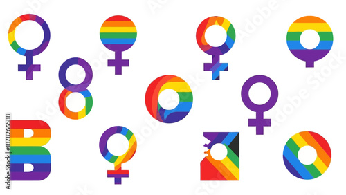 Collection of diverse gender and LGBTQ+ pride symbols featuring vibrant rainbow colors on a white background.