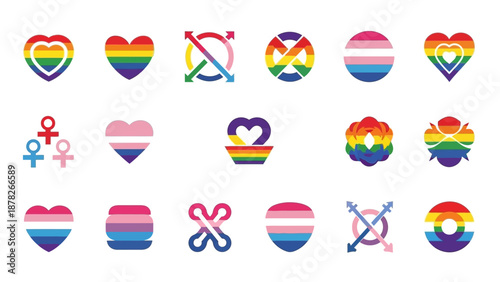 A collection of diverse LGBTQ+ pride symbols and flags, featuring rainbow hearts, transgender, bisexual, and gender identity icons.