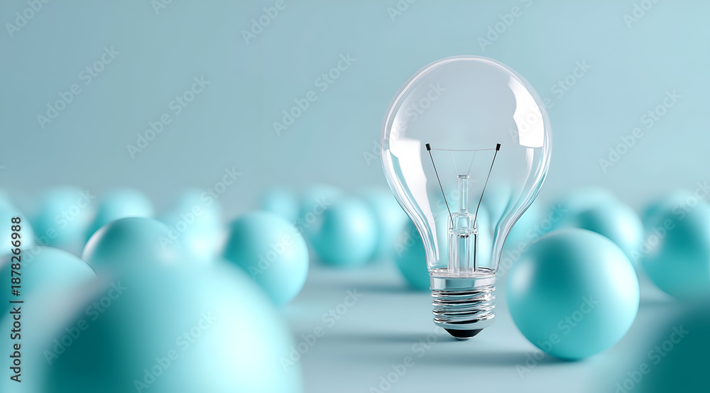 © sornram - A glass light bulb stands out in a sea of blue spheres, symbolizing innovation and creativity in technology and design. Perfect for modern light concepts.