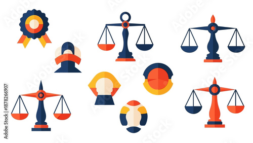 A collection of flat design vector illustrations depicting various symbols of justice and law, including scales of justice and emblems, on a white background.