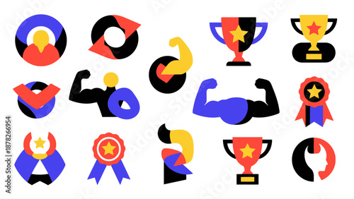 A collection of colorful flat design icons representing strength, achievement, fitness, and awards, including flexing arms, trophies, and medals.