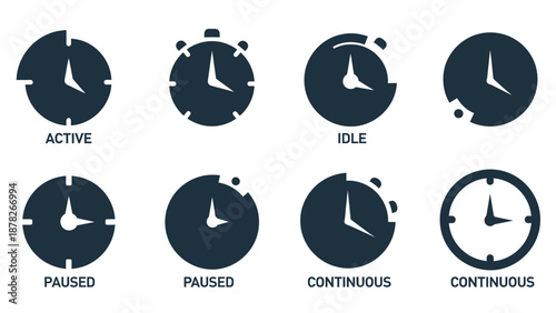 A collection of eight flat design clock and timer icons illustrating different states like active, idle, paused, and continuous operation.
